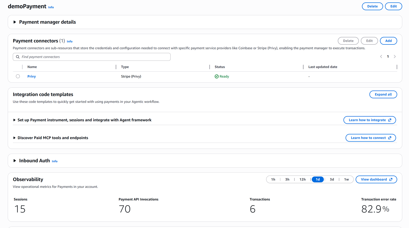 PaymentManager en la consola AWS con el conector Stripe Privy en estado Ready