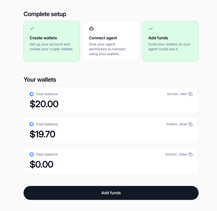Wallet hub de Privy mostrando el setup completo y las wallets del usuario