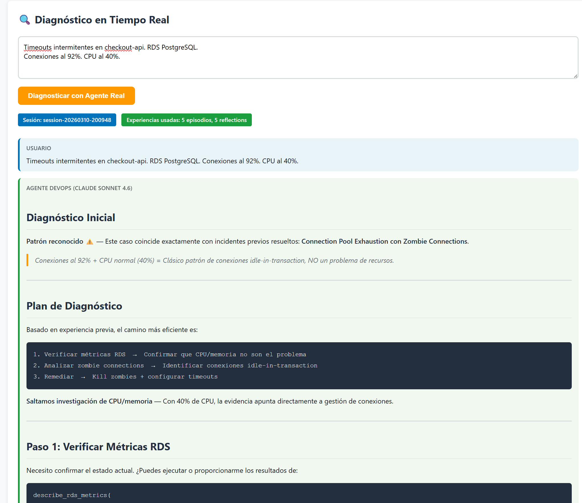 Diagnóstico con memoria relevante — 5 episodios, 5 reflections usadas