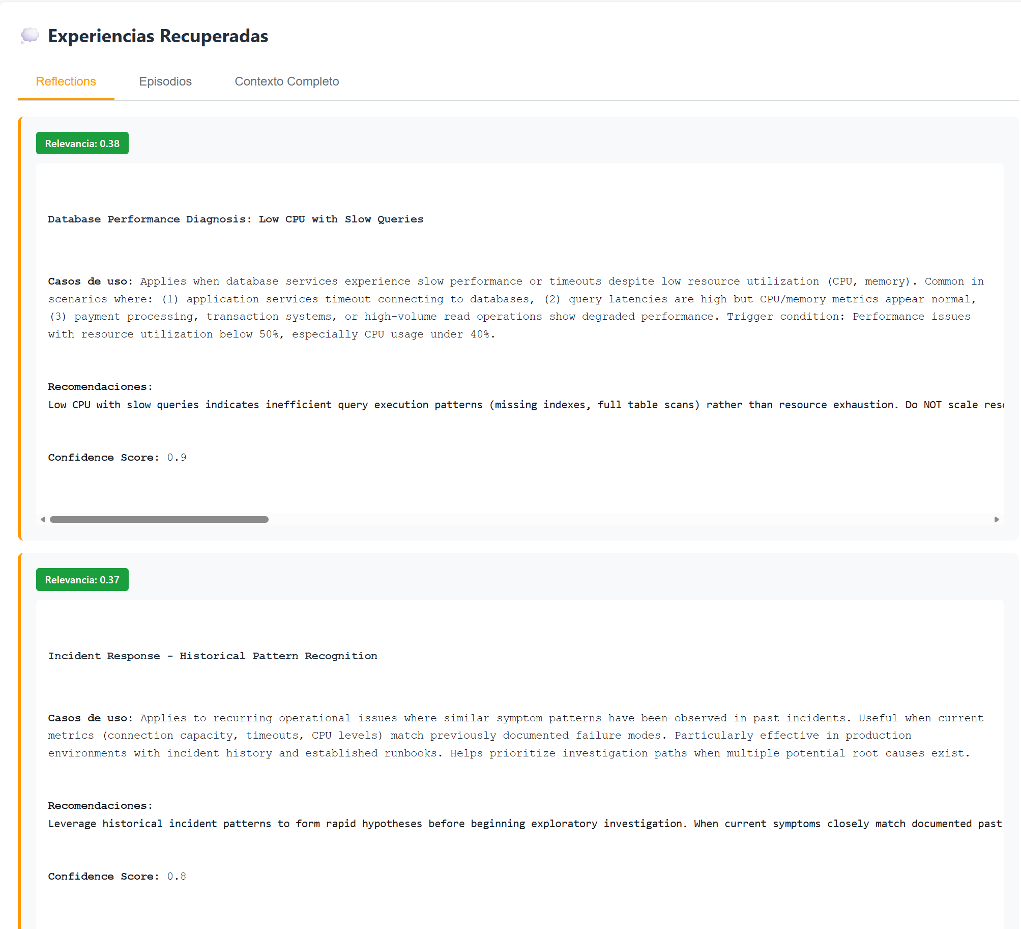 Consola AWS — estrategia episódica activa con métricas de observabilidad